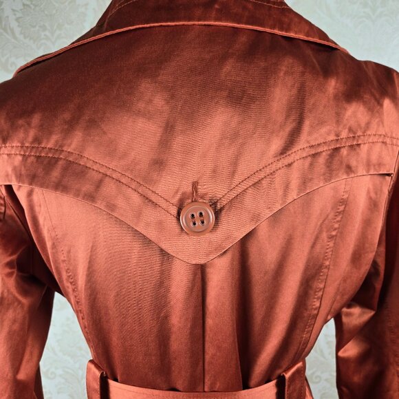 Bebe Size Medium Burnt Orange Double Breasted Trench Coat Belt Pockets Flared - Picture 8 of 16